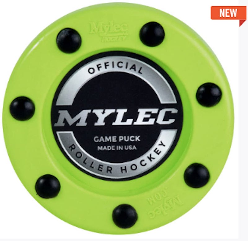 Mylec قرص هوكي MyLec للهوكي الخارجي، مصنوع من PVC، معدات هوكي مع عمود مدعم بالجرافيت وزلاجات نايلون، أقراص تدريب للهوكي في الشارع (أخضر، 110 جرام، عبوة من 3) - Image 2